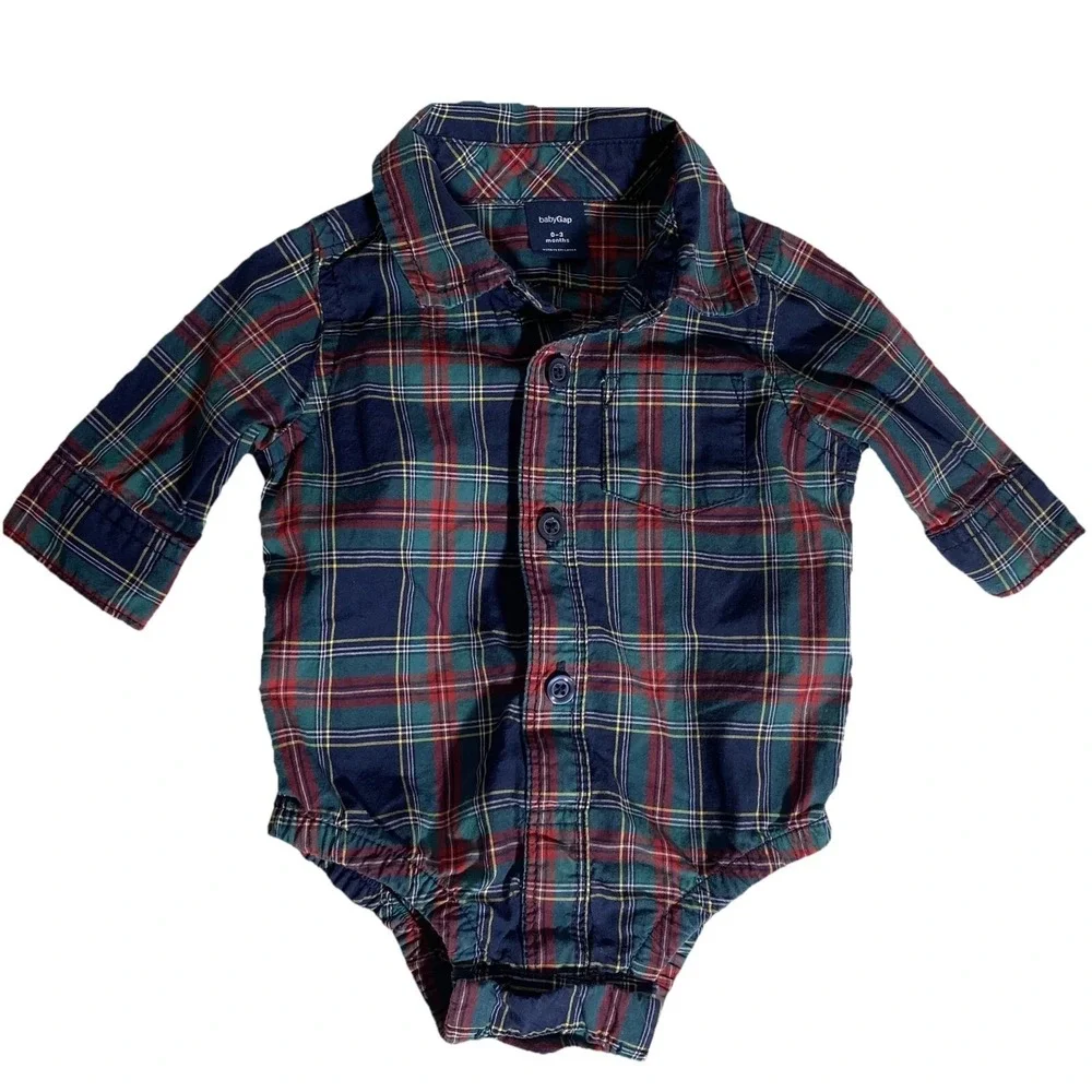 Baby Gap Plaid‎ Button Down Bodysuit 0-3 Months Navy Green Red Tartan Cotton